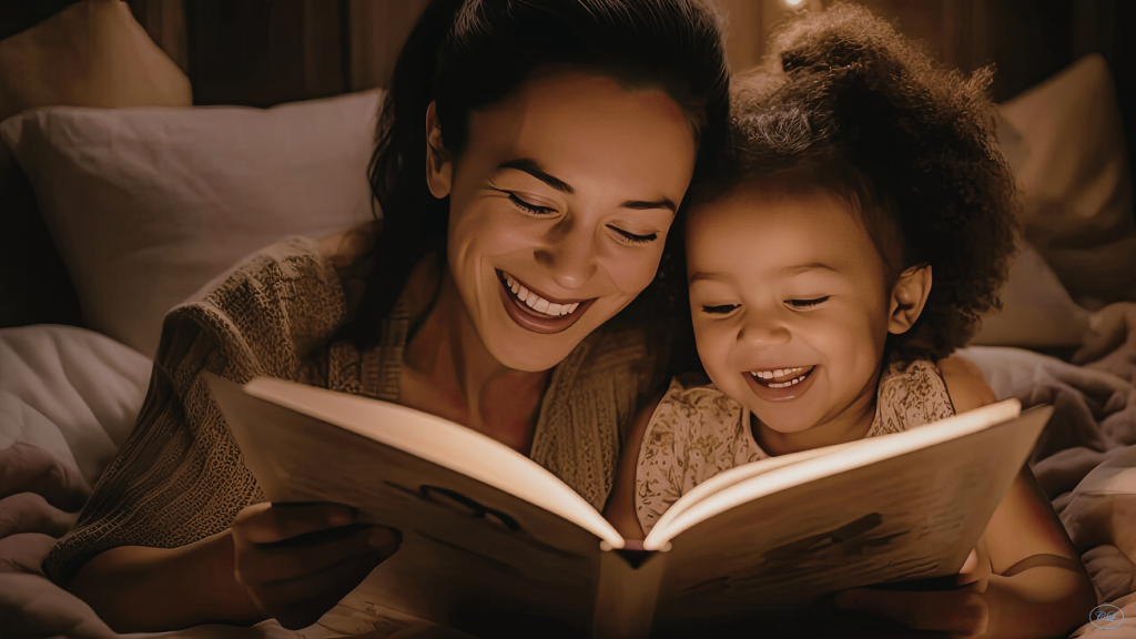 Parent reading a picture book with a child at bedtime, illustrating how kids enjoy repeated storytelling and familiar stories.