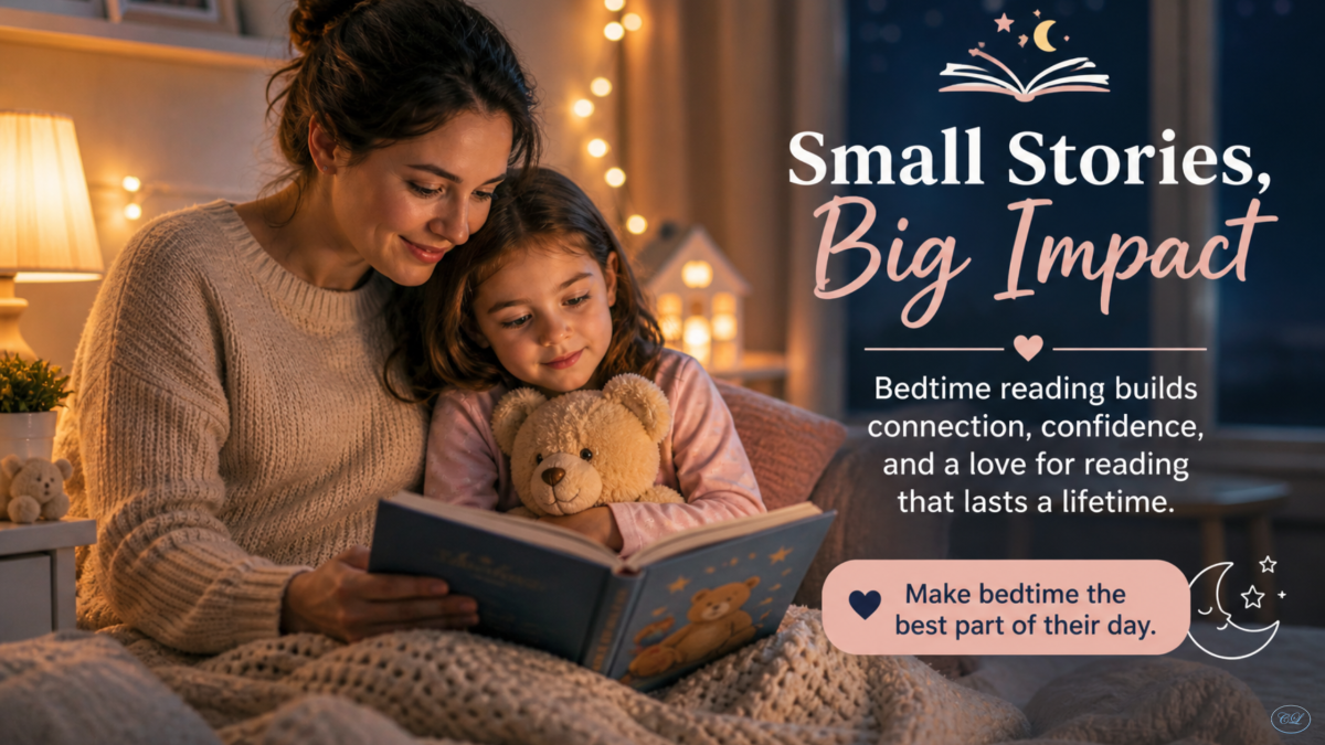 Parent reading a cozy bedtime story with a child, illustrating bedtime reading stories for kids and a calm nighttime routine