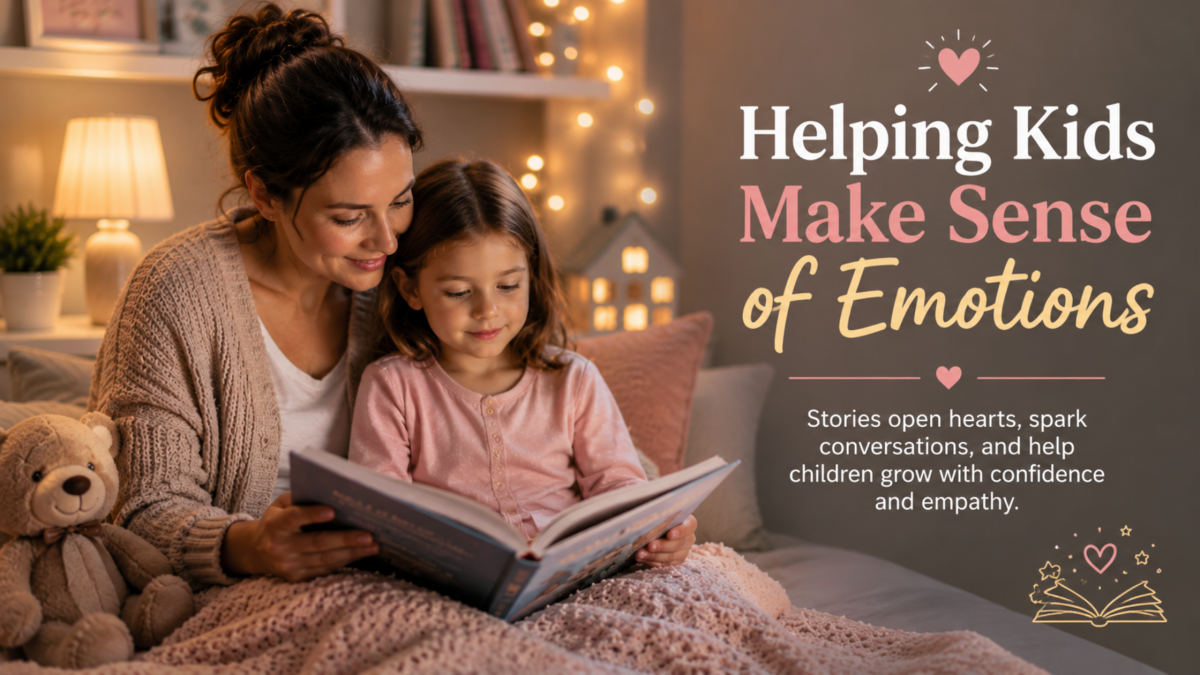 Parent reading a picture book with a child at bedtime to help kids understand emotions and feelings