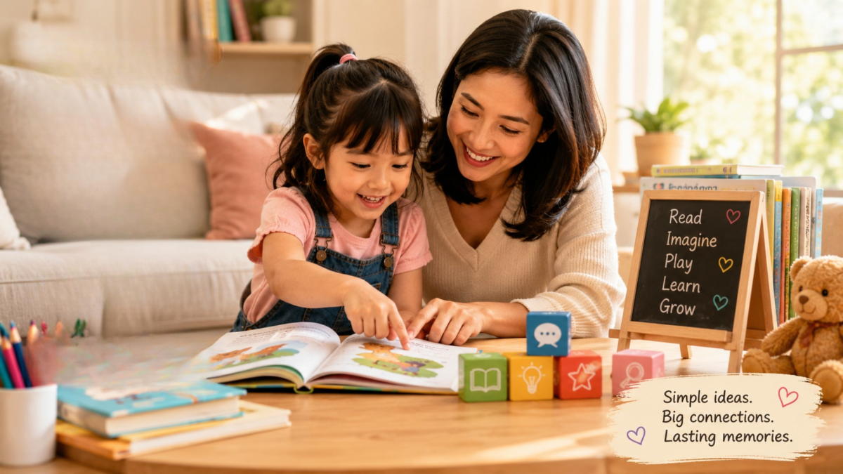 Parent and child playing reading games together with a picture book at home.