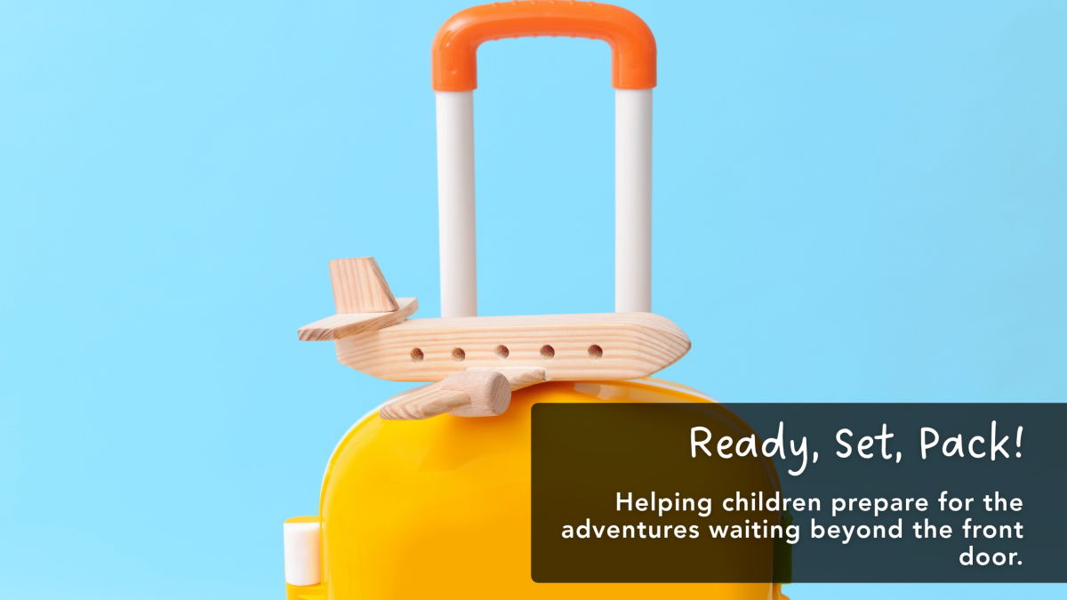 Orange children's suitcase with an extended handle and a wooden toy airplane against a bright blue background.